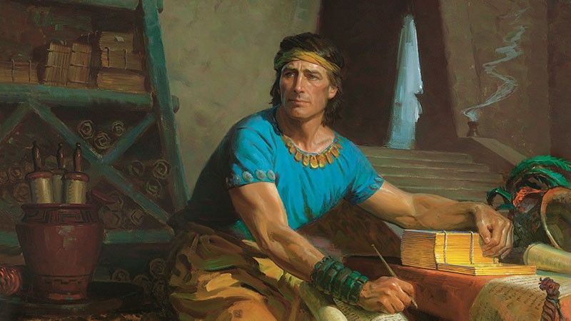 Ο Μόρμον, ο κύριος συγγραφέας του Βιβλίου του Μόρμον, μεταγράφει τις χρυσές πλάκες σε ένα σπήλαιο